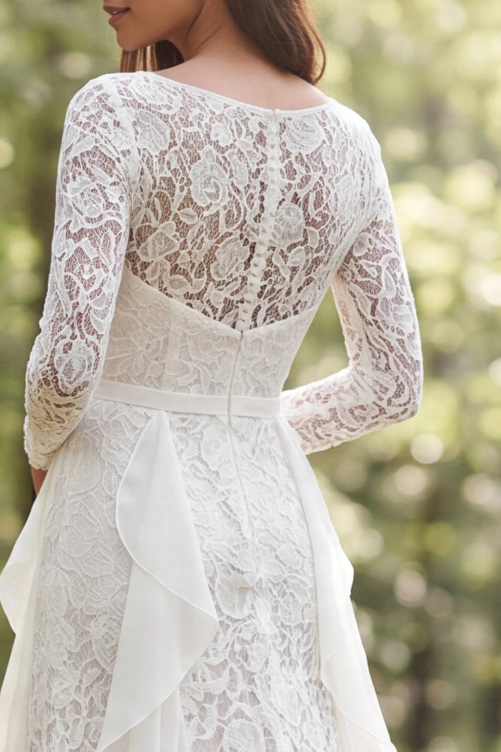Vintage A-line Bateau Long Sleeve Sheer Back Ruffle Slit Train Wedding Dress