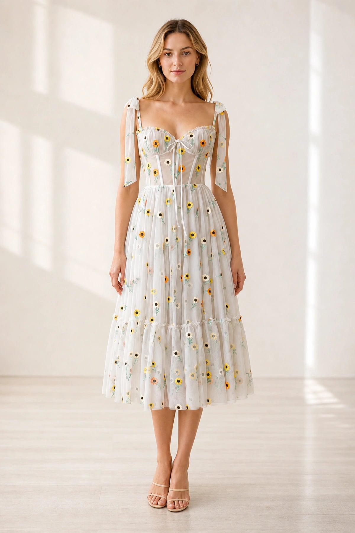 Floral A-line Sweetheart Spaghetti Strap Lace-up Back Midi Homecoming Dress