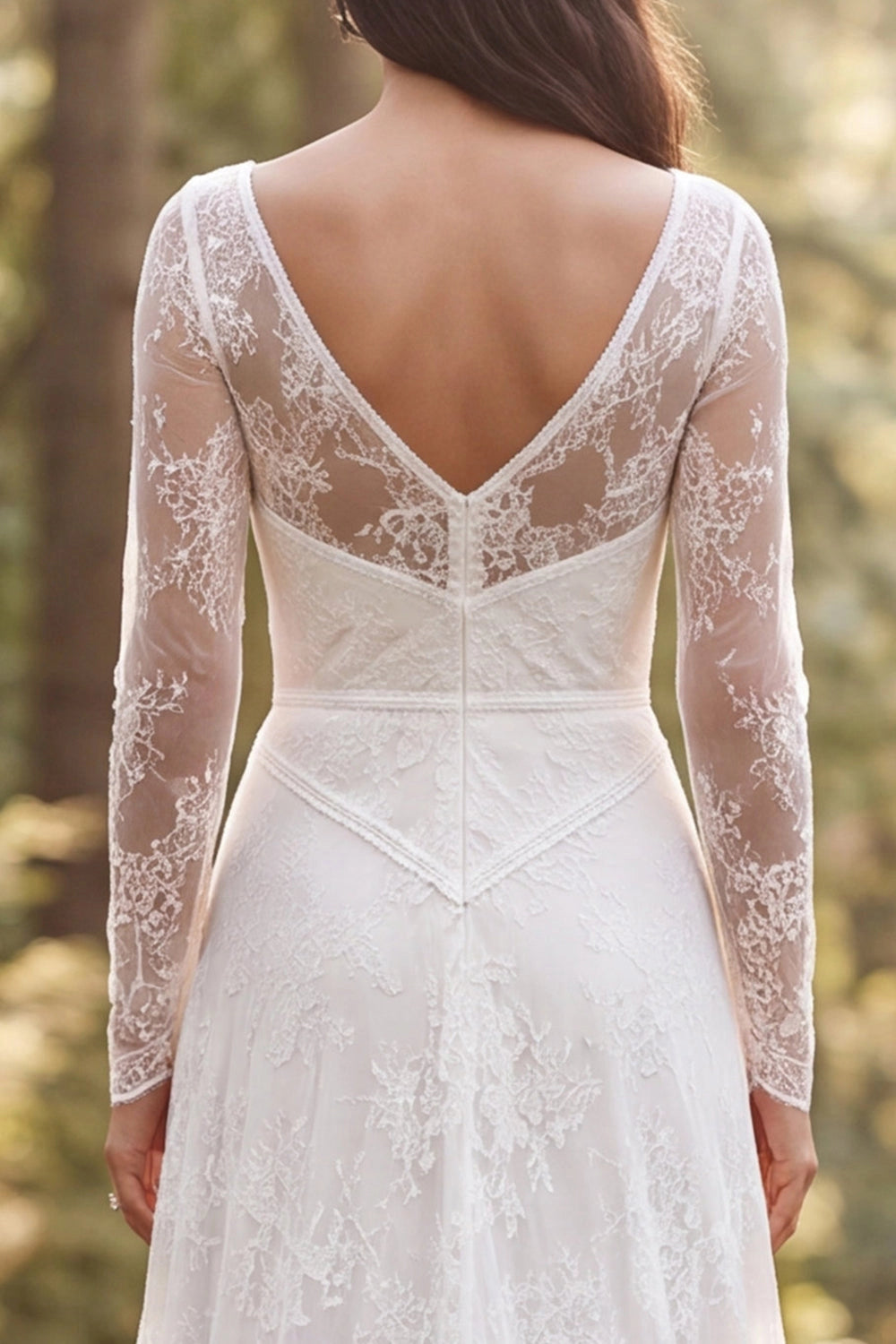 Boho A-line Deep V Long Sleeve V Back Ruffle Slit Train Wedding Dress