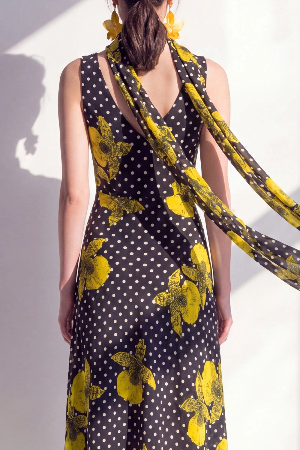 Printed A-line Cowl Sleeveless V Back Midi Wedding Guest Dress