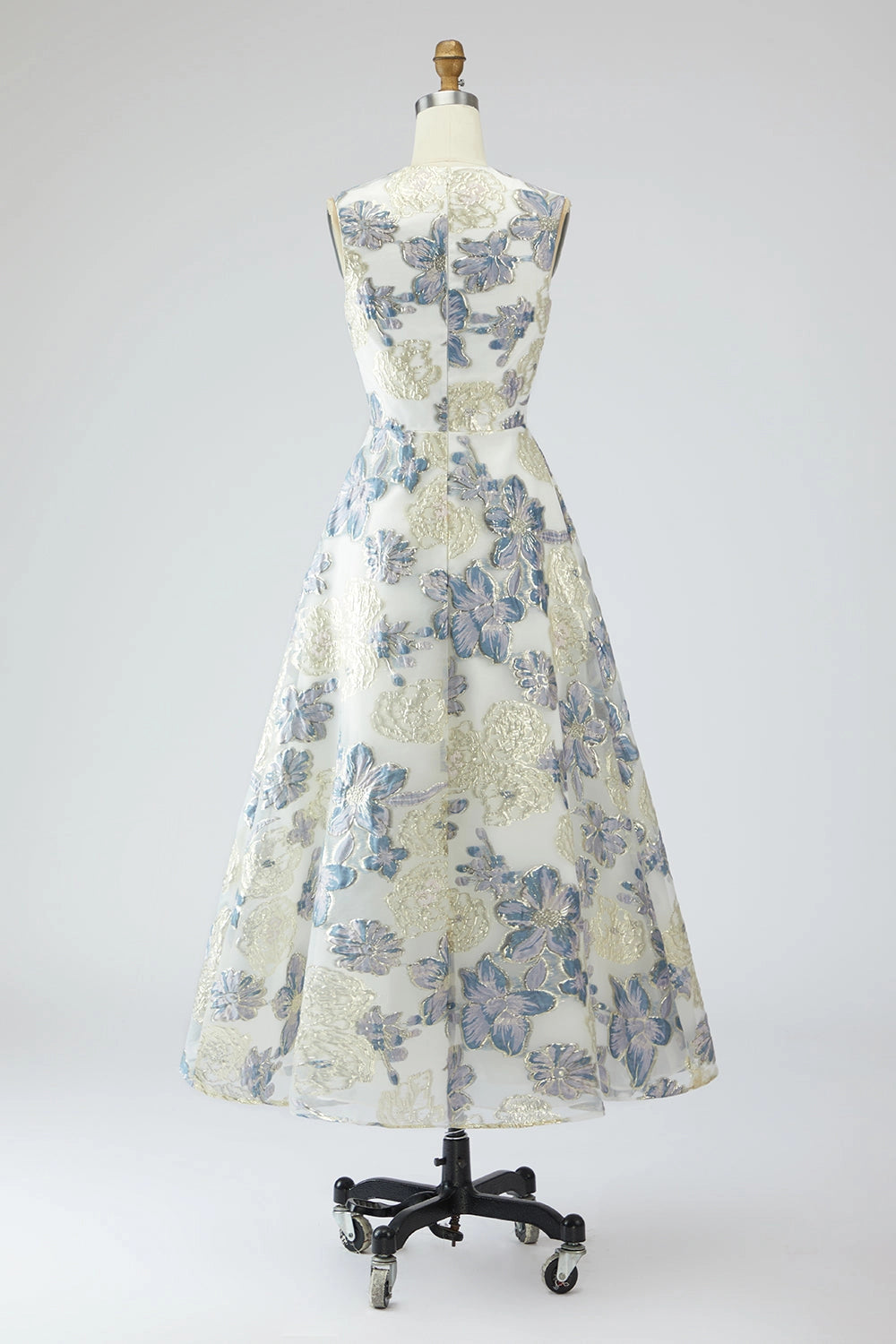 Floral A-line Crew Neck Zipper Back Midi Wedding Guest Dress