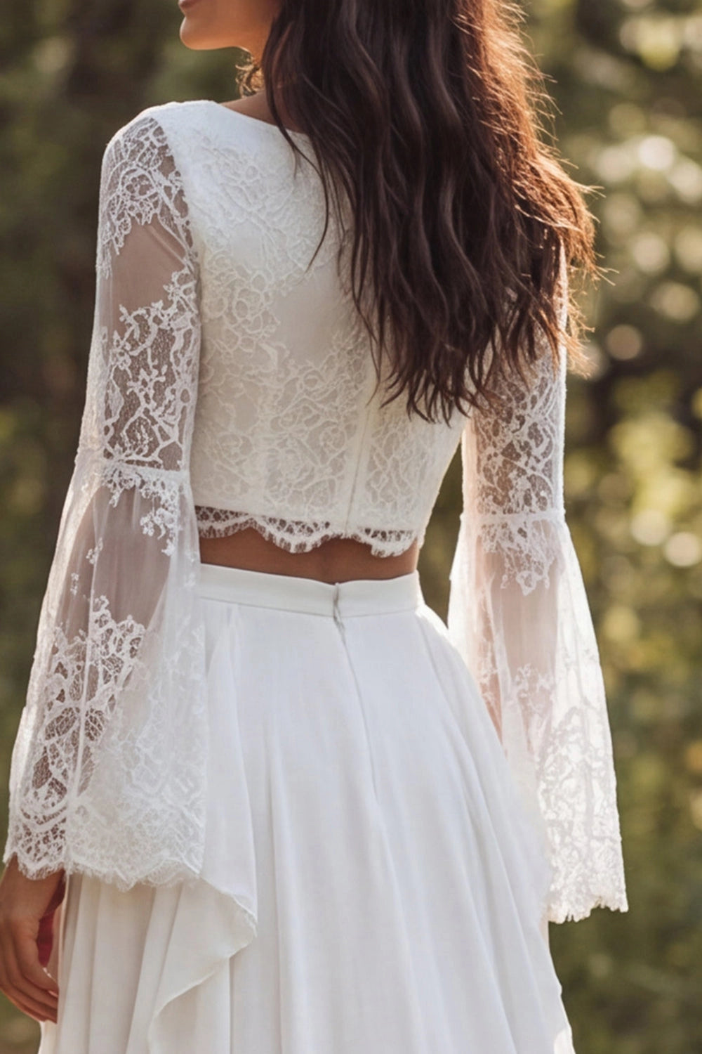 Boho A-line Bateau Bell Sleeve Zip Back Slit Train Wedding Dress