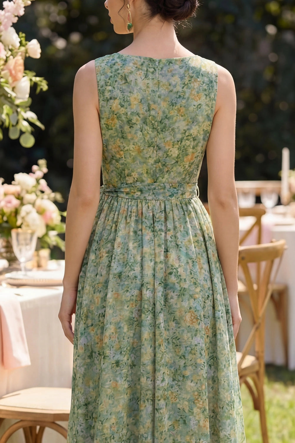 Green Watercolor Floral Chiffon Sleeveless V Neck Wrap Midi Wedding Guest Dress