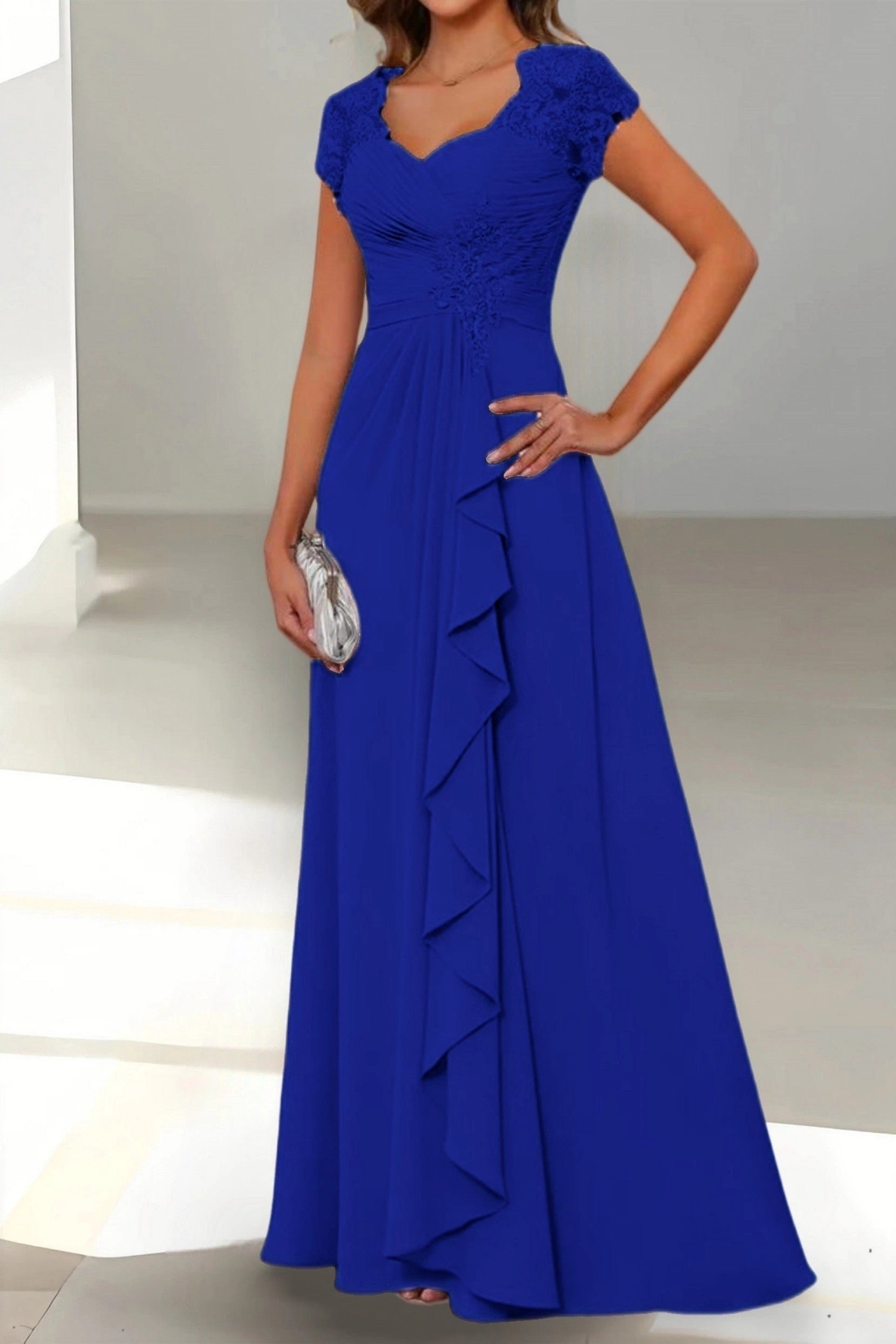 Elegant A-Line Sweetheart Cap Sleeve Zip Back Floor Length Mother Of The Bride Dress