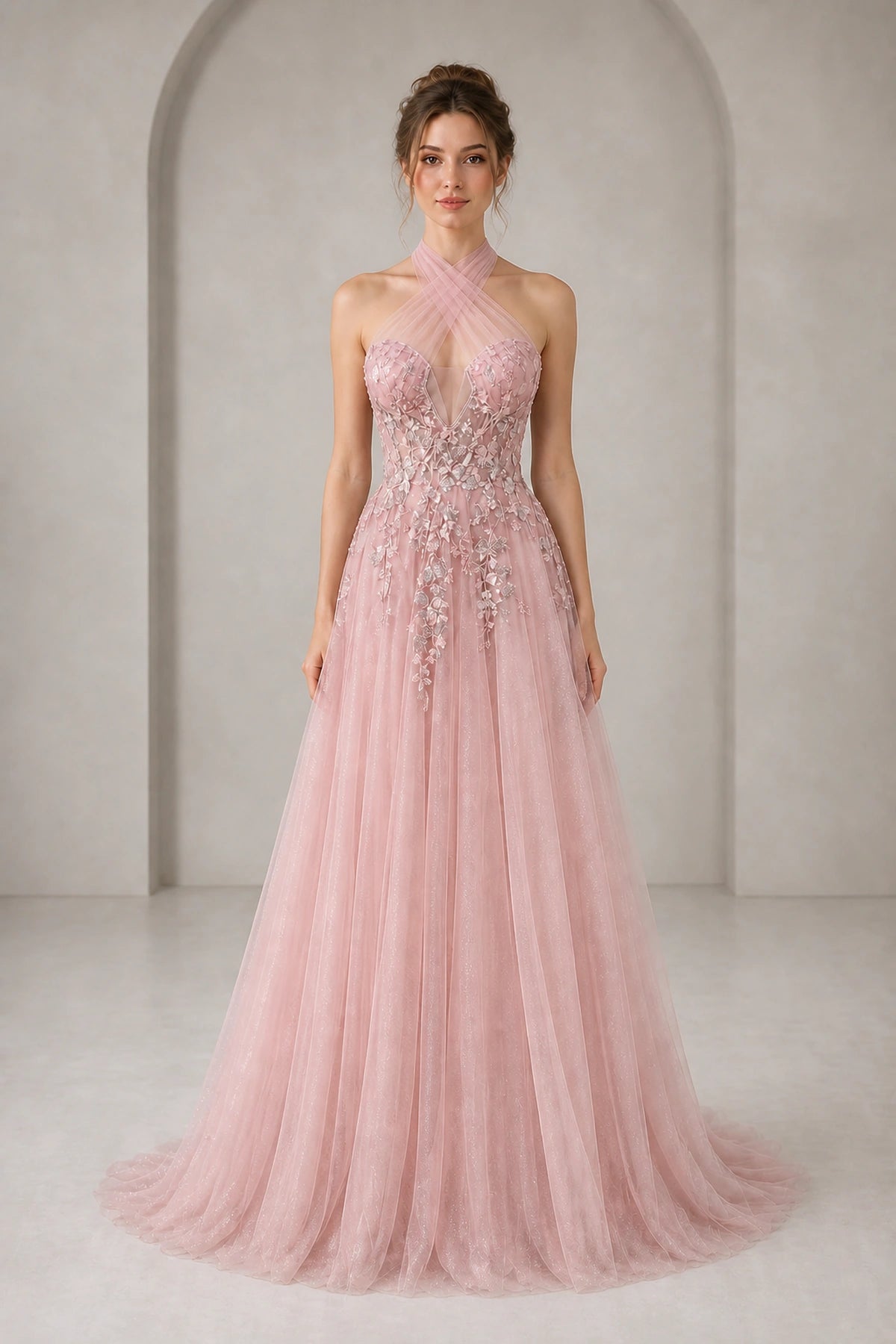 Elegant A‑Line Halter Sleeveless Zip‑Back Slit Sweep‑Train Prom Dress