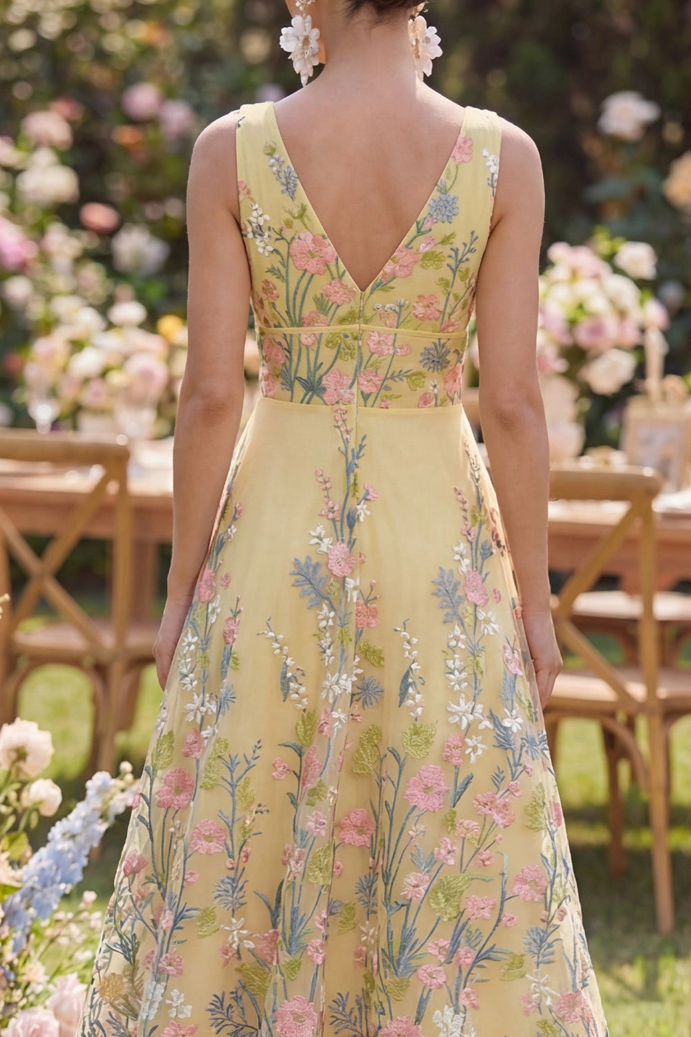 Romantic A-Line V-Neck Sleeveless V-Back Maxi Wedding Guest Dress