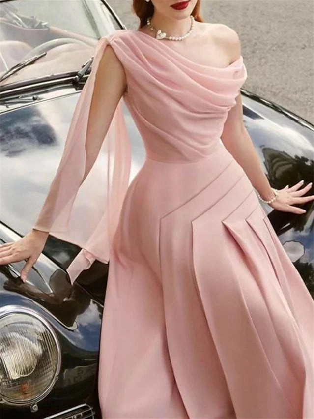 Romantic A‑Line One‑Shoulder Sleeveless Solid‑Back Midi Bridesmaid Dress