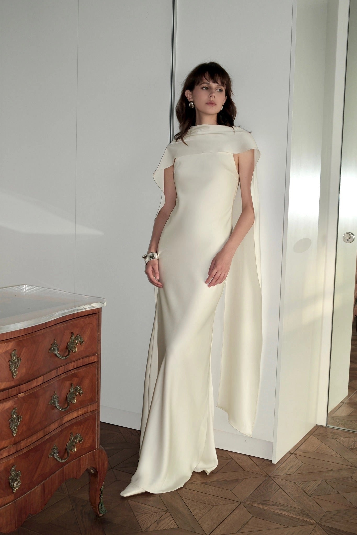 Minimal Sheath High Neck Sleeveless Cape Open Back Floor Length Wedding Gown