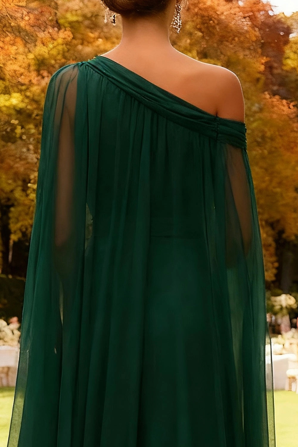 Elegant A Line One Shoulder Cape Sleeve Open Back Train Maxi Wedding Guest Dress