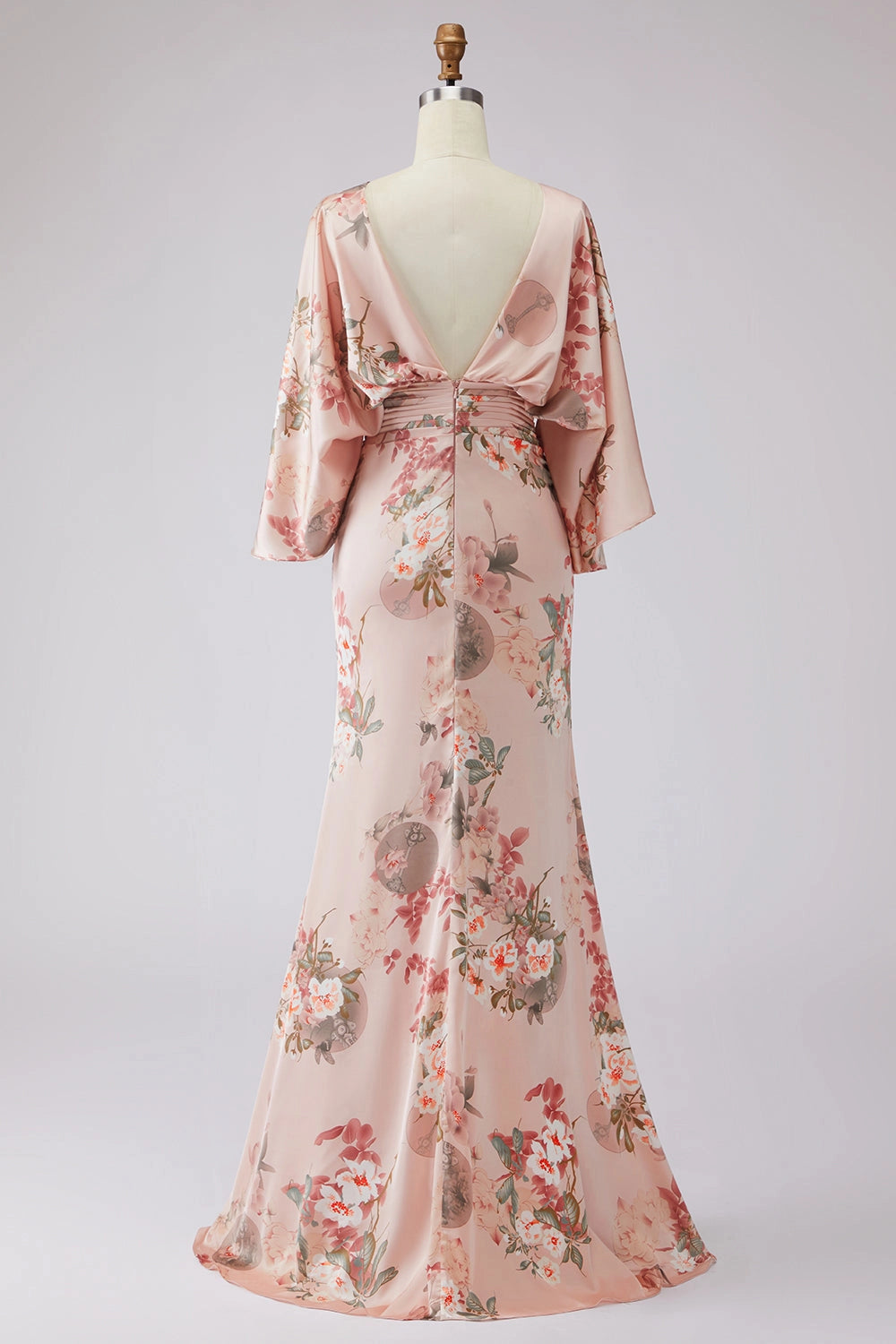 Mermaid Batwing Sleeve Deep V Back Floral Long Wedding Guest Dress
