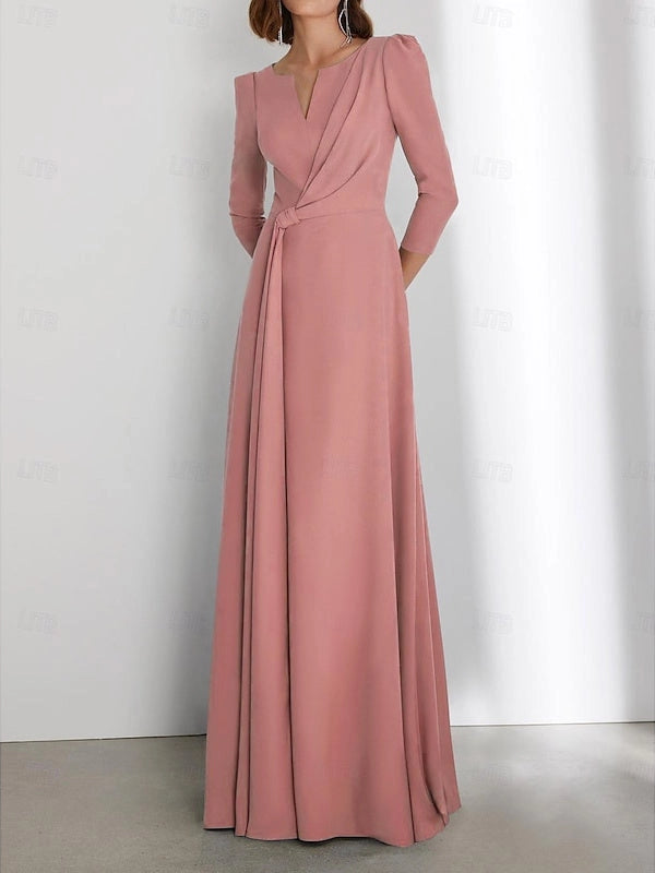 Modest A‑Line Notched‑V 3/4‑Sleeve Zip‑Back Floor‑Length Mother Of The Bride Dress