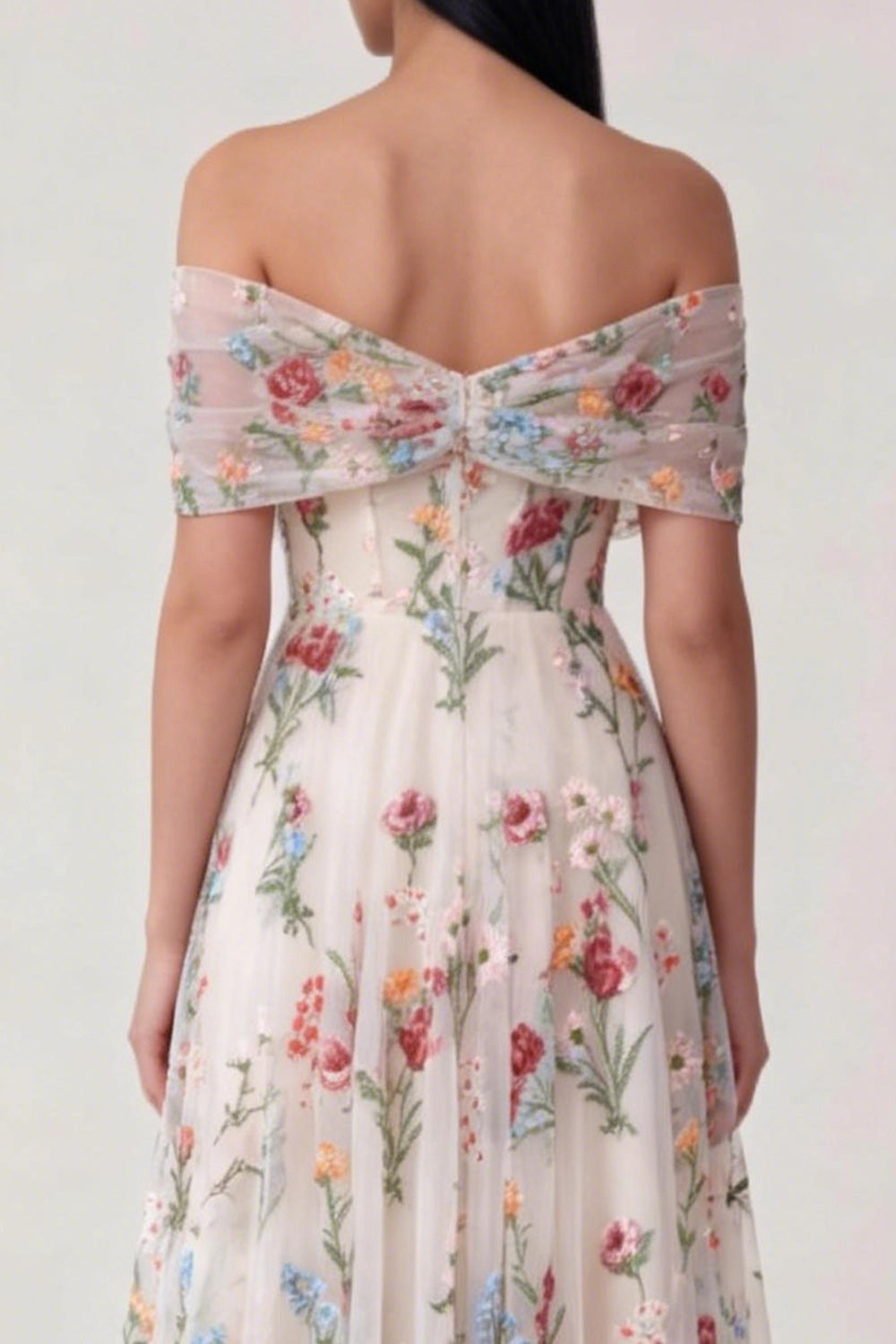 Off Shoulder Colorful Floral Embroidered Tulle Midi Wedding Guest Dress
