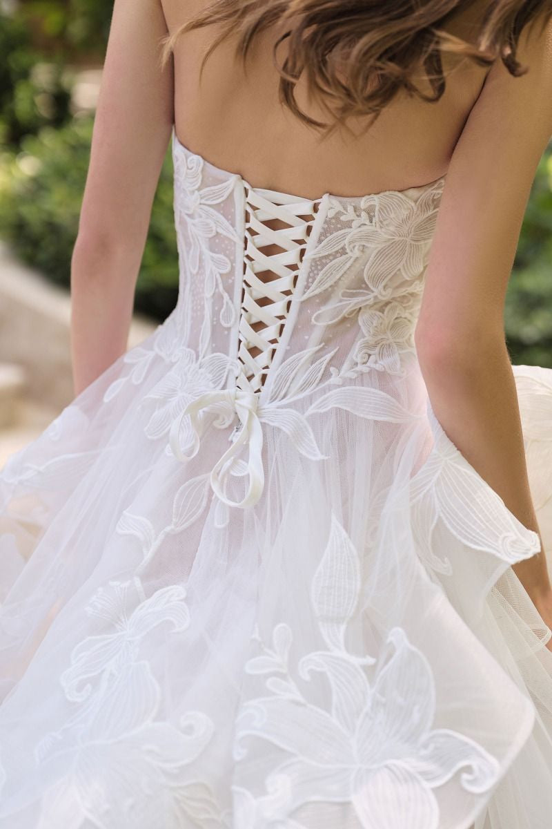 Floral Lace A Line Strapless Sweetheart Corset Back Train Wedding Dress