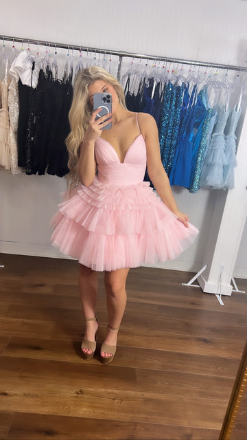 Glitter Tulle Short Ball Thin Strap V Zip Back Ruffle Homecoming Dress