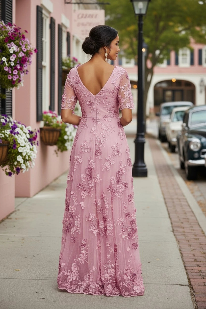 Dusty Rose A-line V-neck Elbow Sleeve V-back Long Mother of Bride Dress