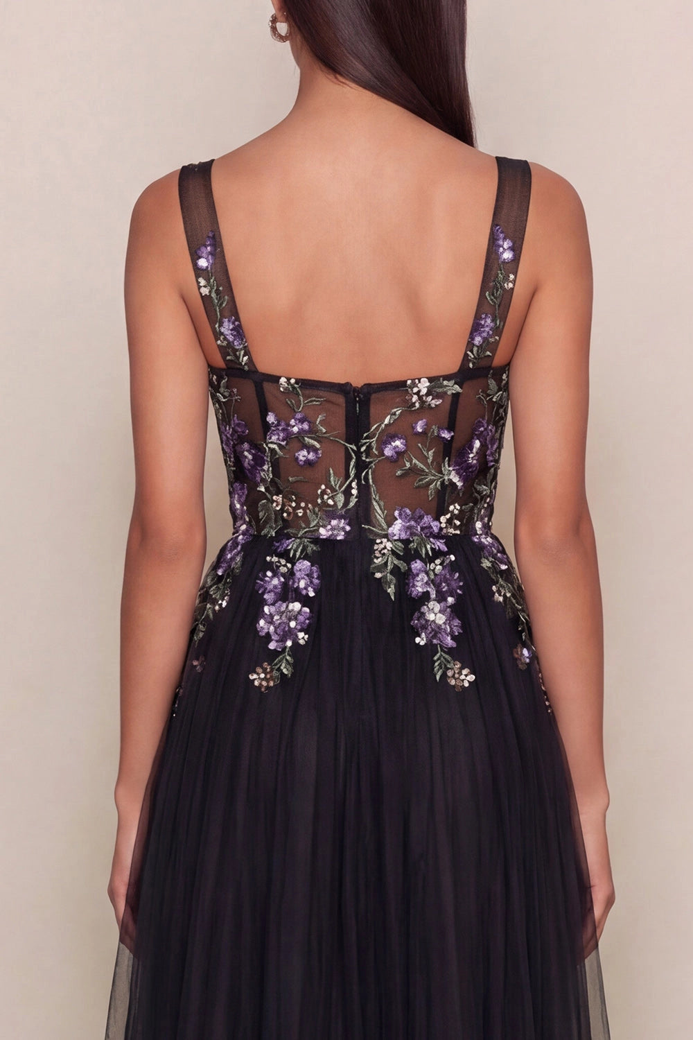 Square Neck Black Tulle Midi Dress Purple Floral Embroidery Spaghetti Straps Evening Guest Dress