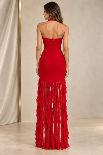 Dramatic Red Chiffon Sheath Halter Sleeveless Open Back Maxi Evening Dress