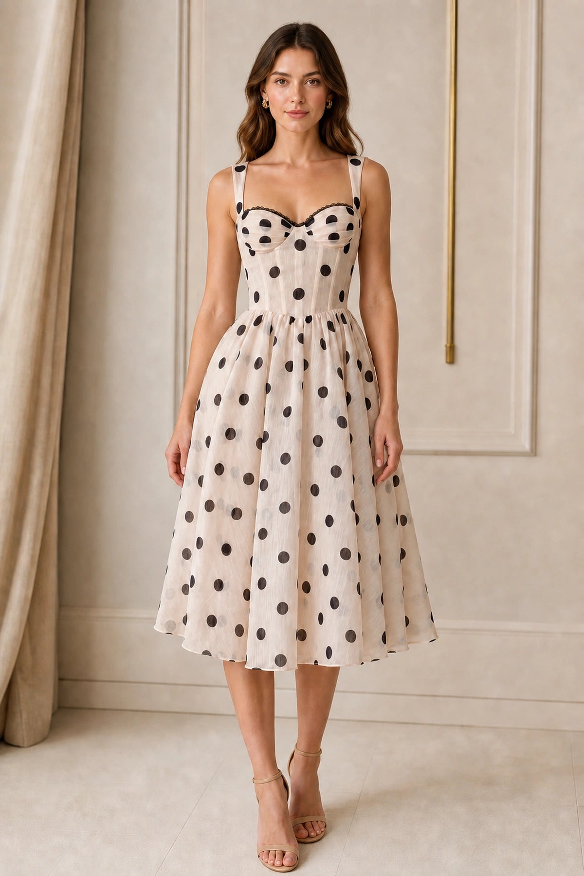 Cream Polka Dot Sweetheart Strap Lace-up Back Midi Homecoming Dress