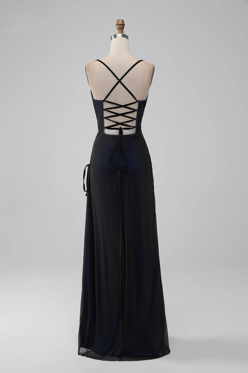 Sheath Spaghetti Straps Lace-Up Back Slit Long Wedding Guest Dress