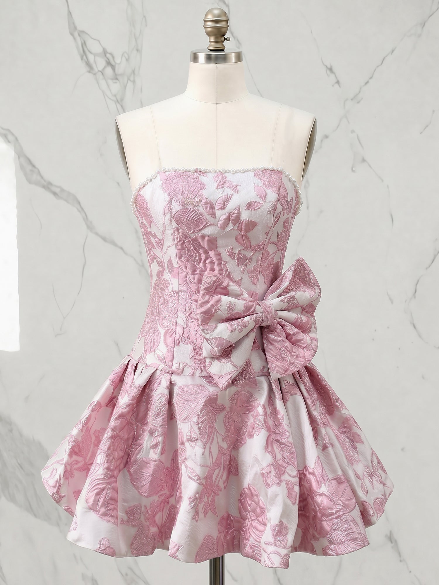 Metallic Floral A-Line Strapless Pearl Trim Boned Corset Side Bow Swing Mini Homecoming Dress