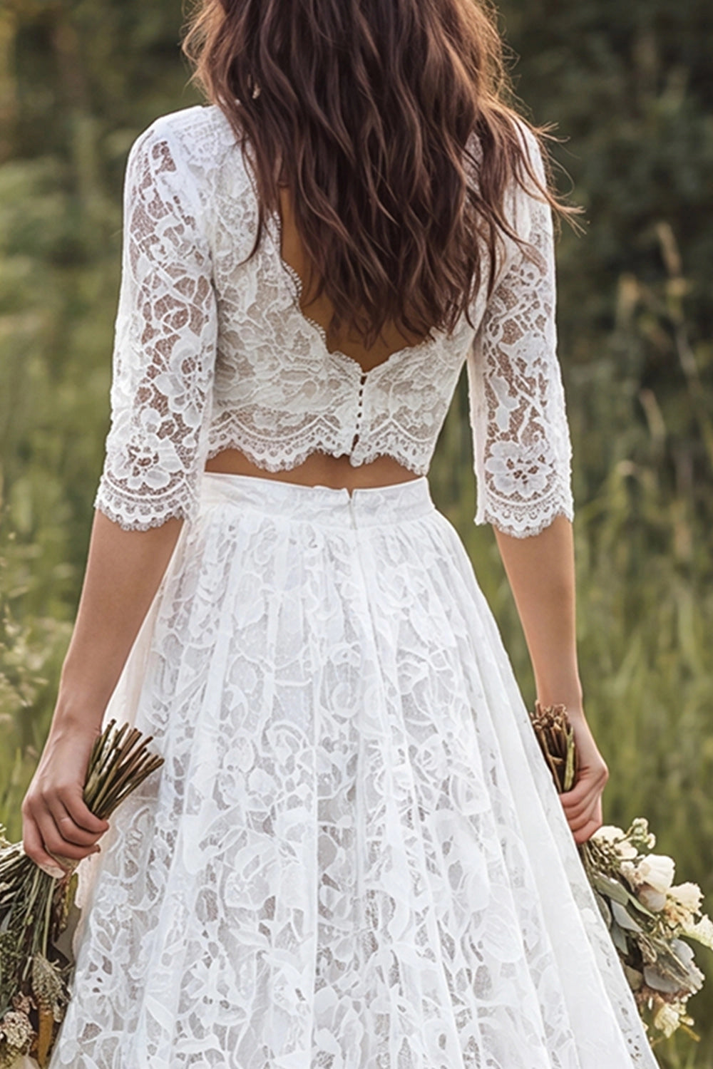 Boho A-line V Neck 3/4 Sleeve Zip Back Tiered Train Wedding Dress
