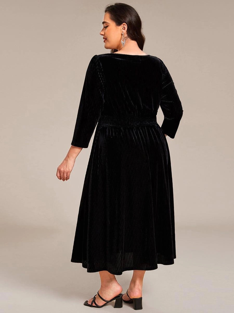 Luxury A‑Line V‑Neck 3/4 Sleeve Plain‑Back Midi Plus Size Mother Of The Bride Dress