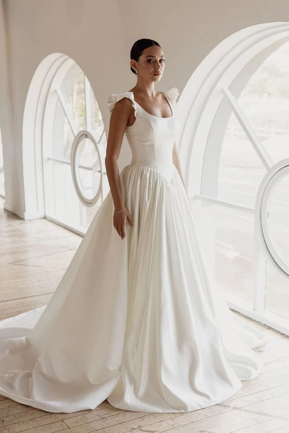 Ivory Satin Soft Ballgown Square Neck Ruffle Strap V Back Cathedral Train Wedding Dress