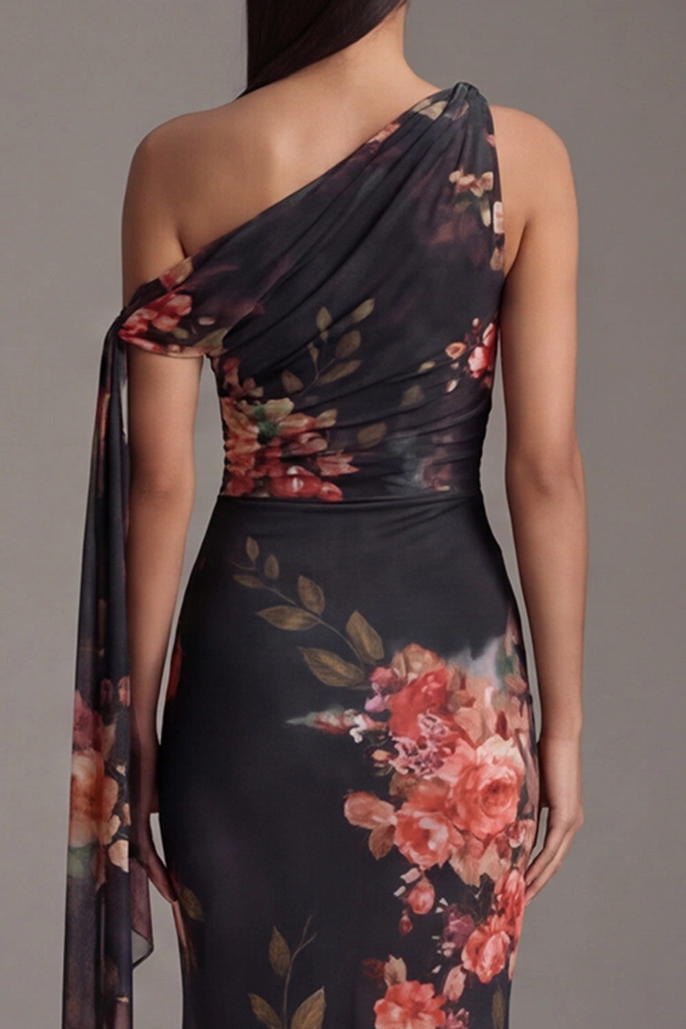 Floral Mermaid One Shoulder Solid Back Maxi Wedding Guest Dress