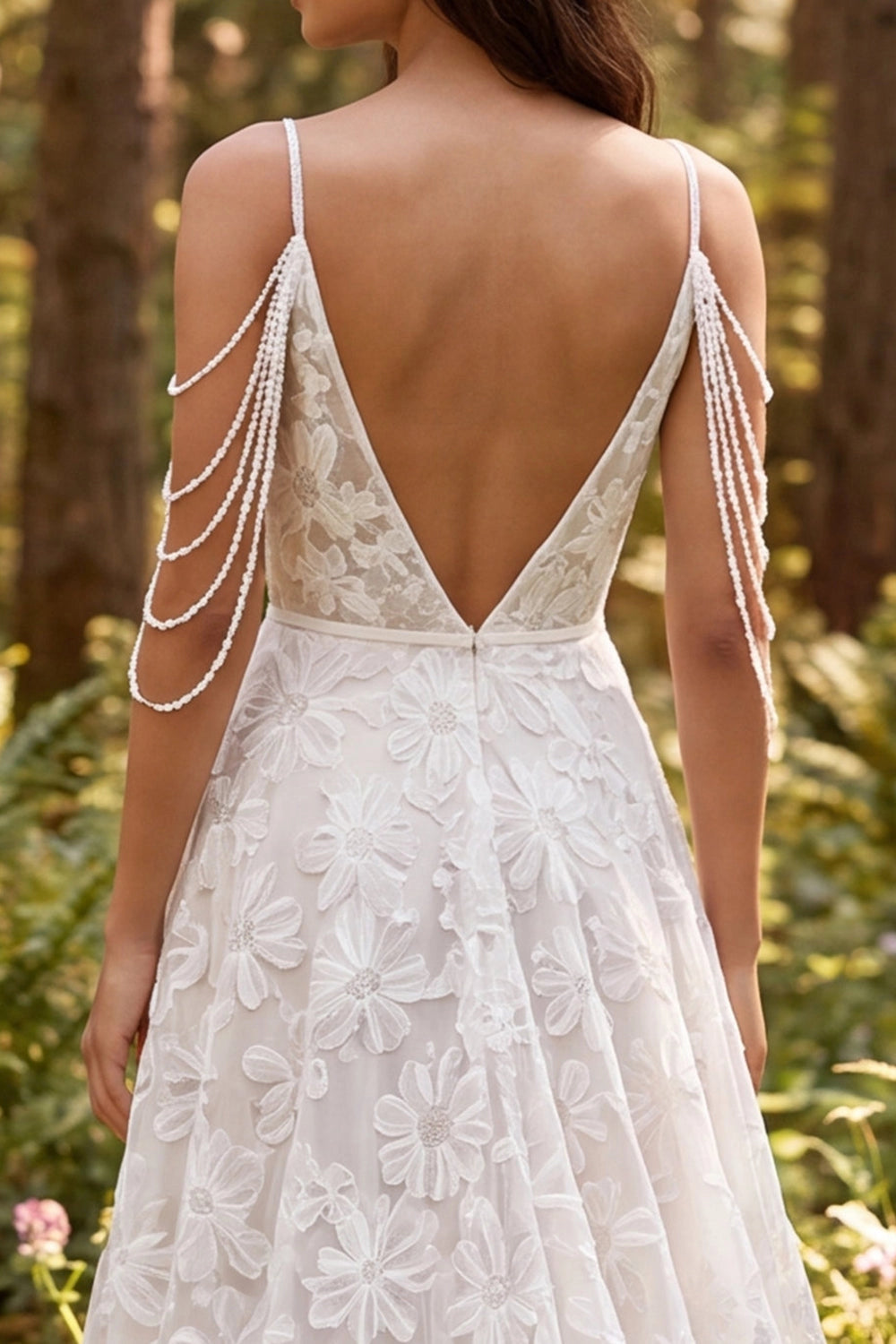 Romantic A-line Deep V Strap Beaded Fringe V Back Train Wedding Dress