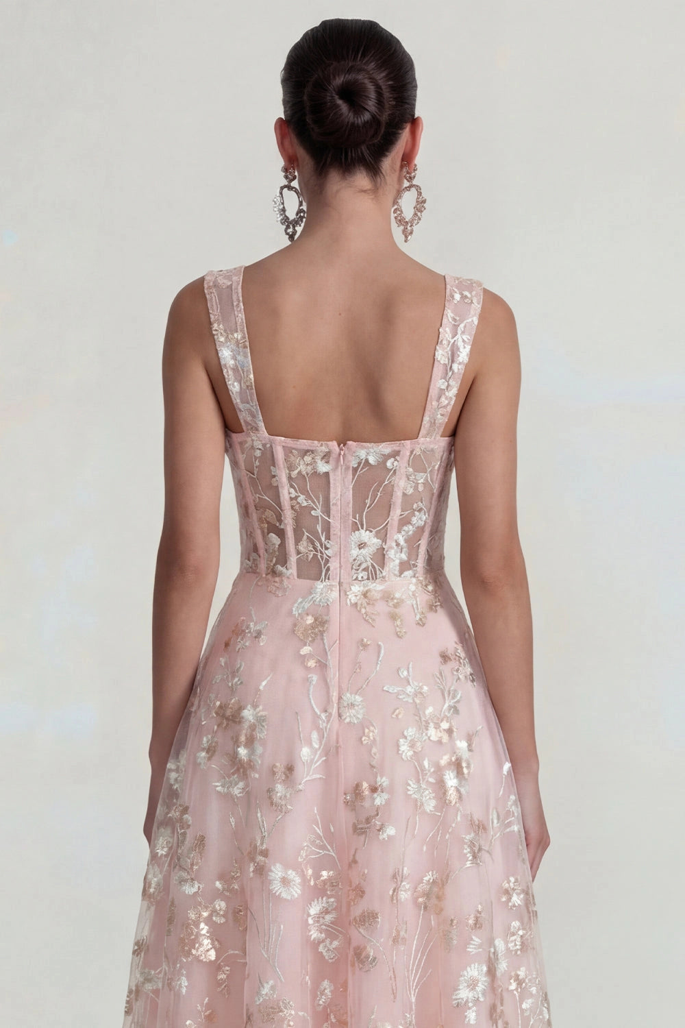 Blush Floral A-Line Square Neck Sleeveless Sheer Corset Back Midi Prom Dress