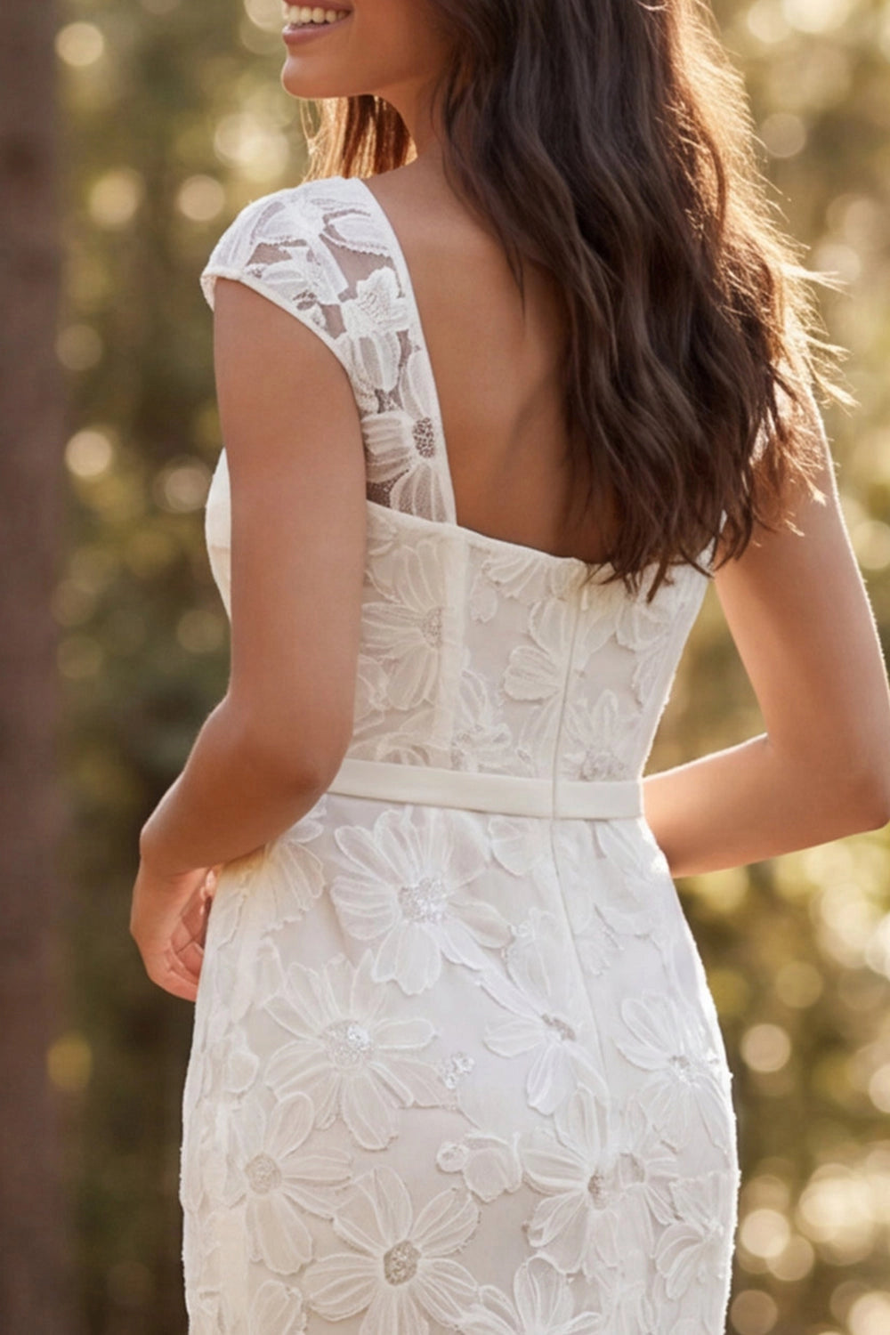 Vintage Mermaid Square Neck Cap Sleeve Low Back Slit Train Wedding Dress