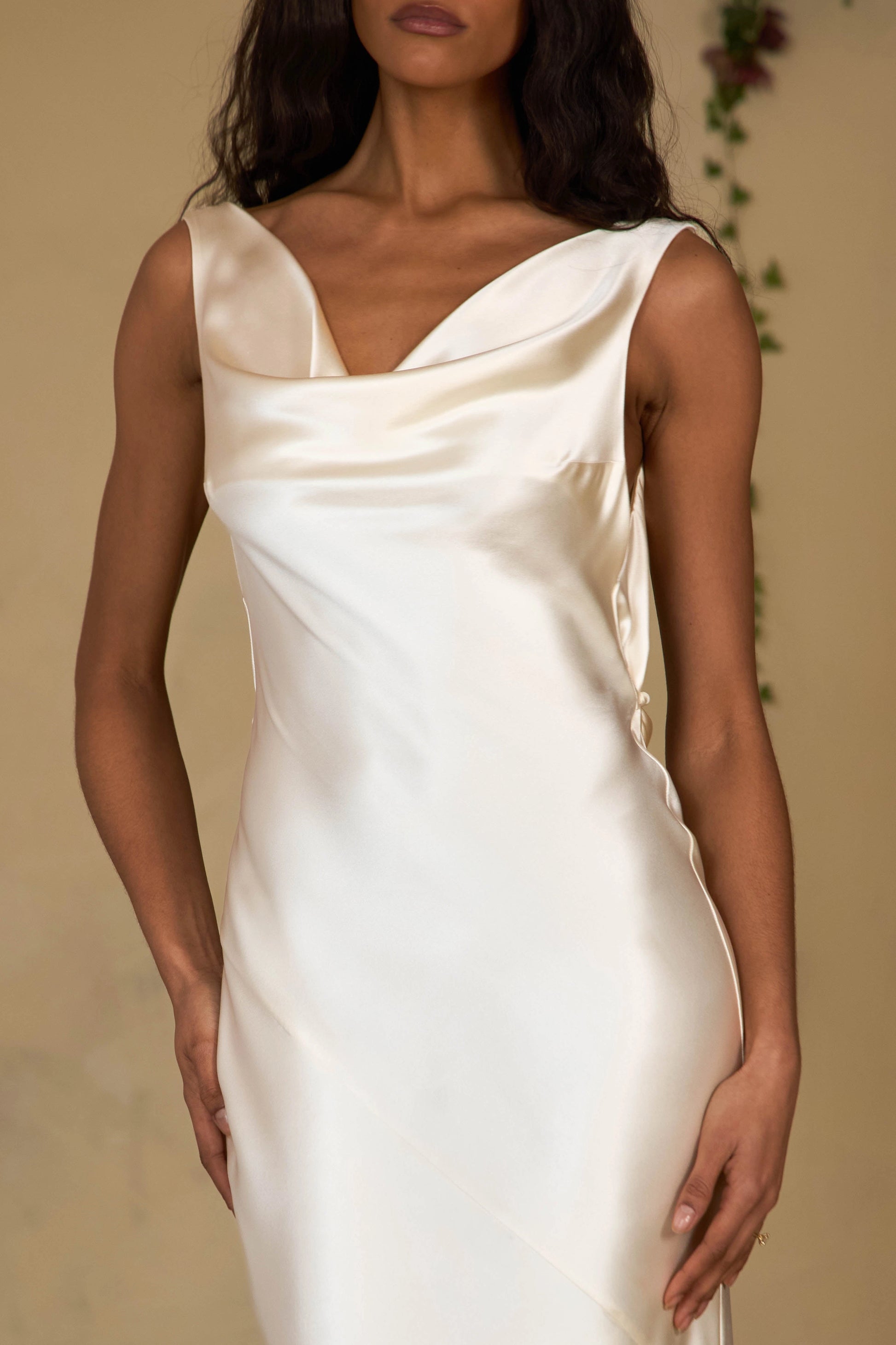 Ivory Satin Sheath Cowl Neck Sleeveless Tie‑Up Open‑Back Floor‑Length Prom Dress