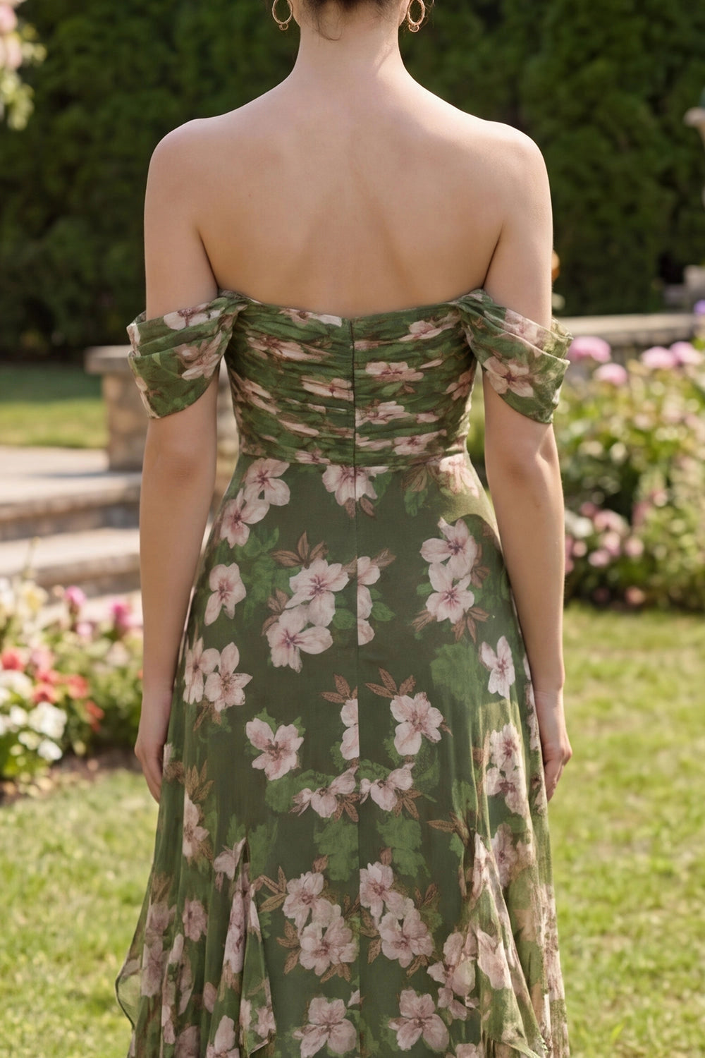 Bohemian A-Line Off Shoulder Short Sleeve Back Zip Maxi Wedding Guest Dress