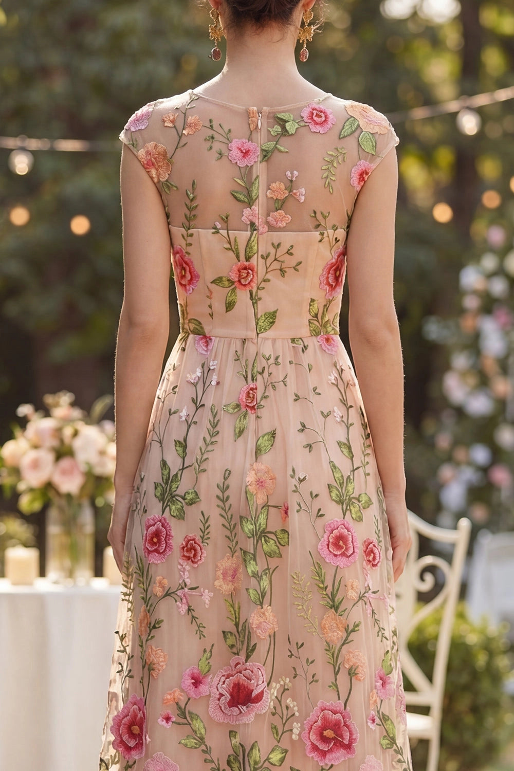 Romantic A Line Round Neck Cap Sleeve Sheer Back Floor Length Wedding Guest Dress