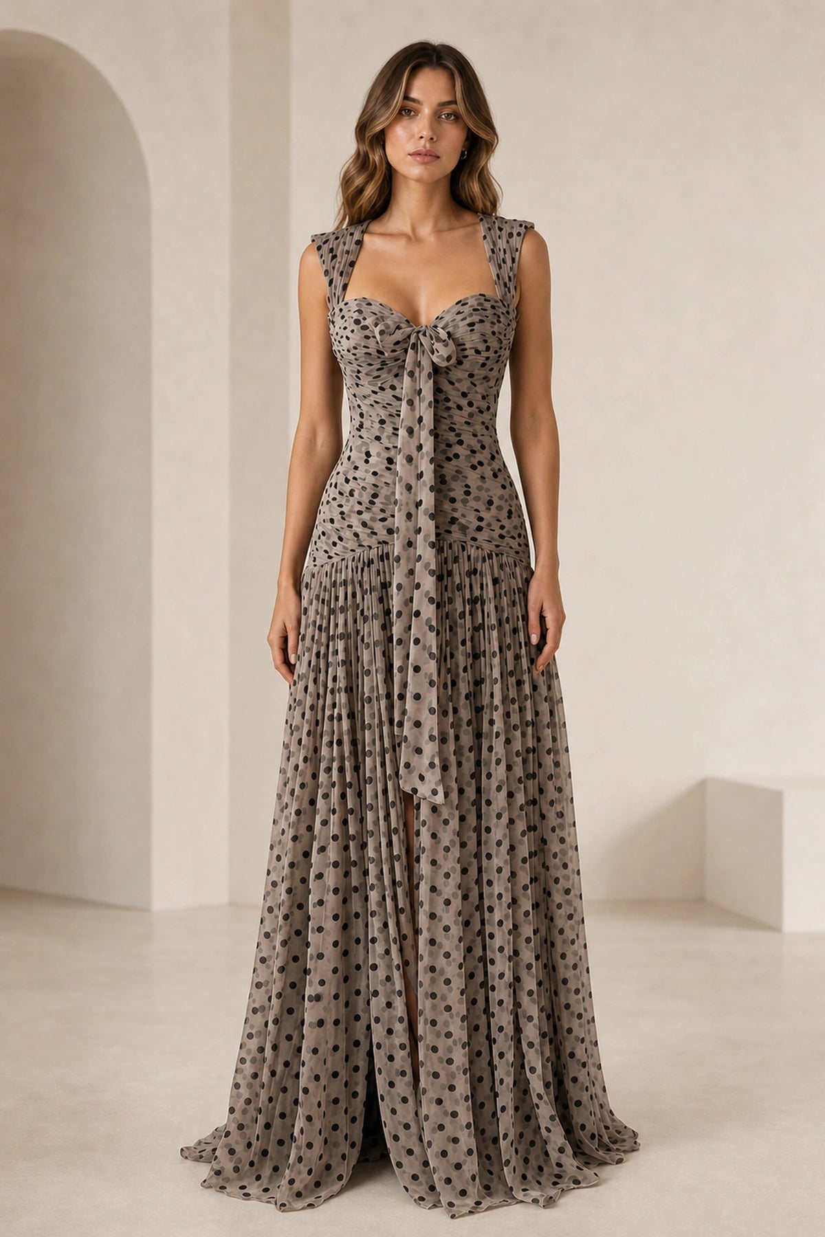 Taupe Polka Dot Sleeveless Bow Front Cutout Back Maxi Prom Dress