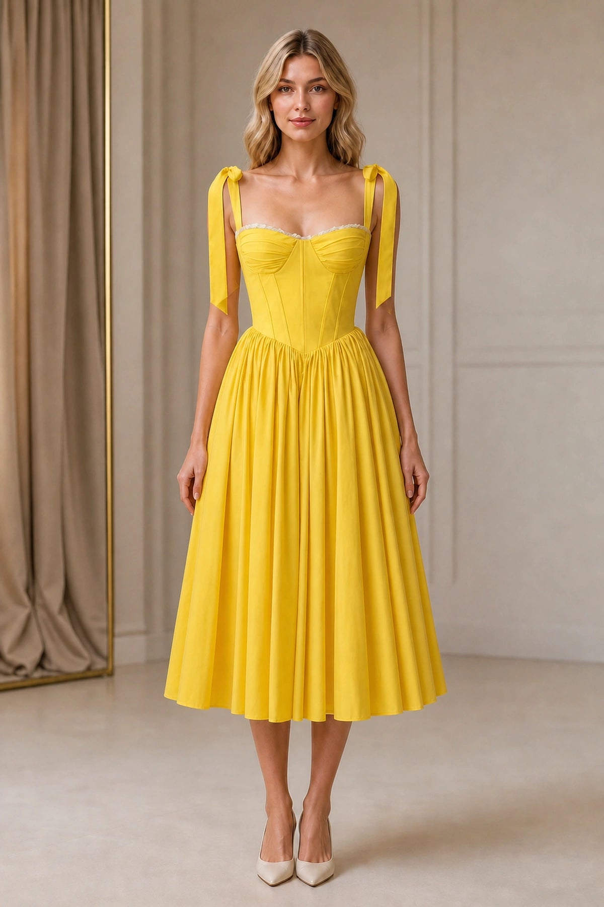 Yellow Corset A-Line Sweetheart Tie Strap Lace-Up Back Midi Homecoming Bridesmaid Dress