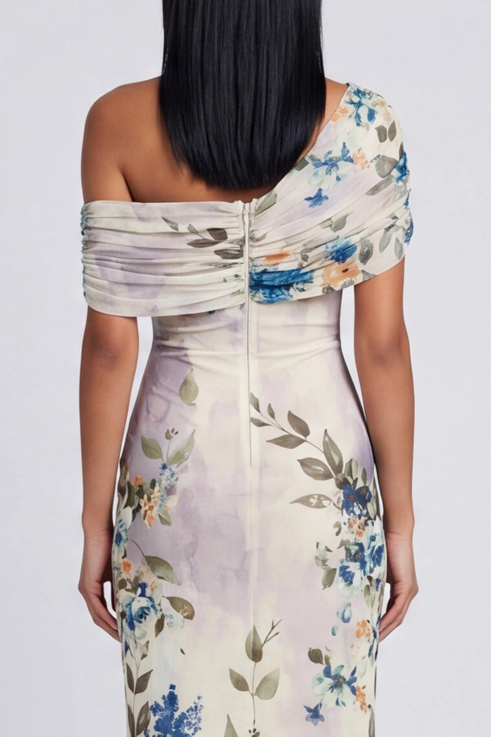Elegant Sheath Asymmetric One Shoulder Draped Back Zip Midi Wedding Guest Dress