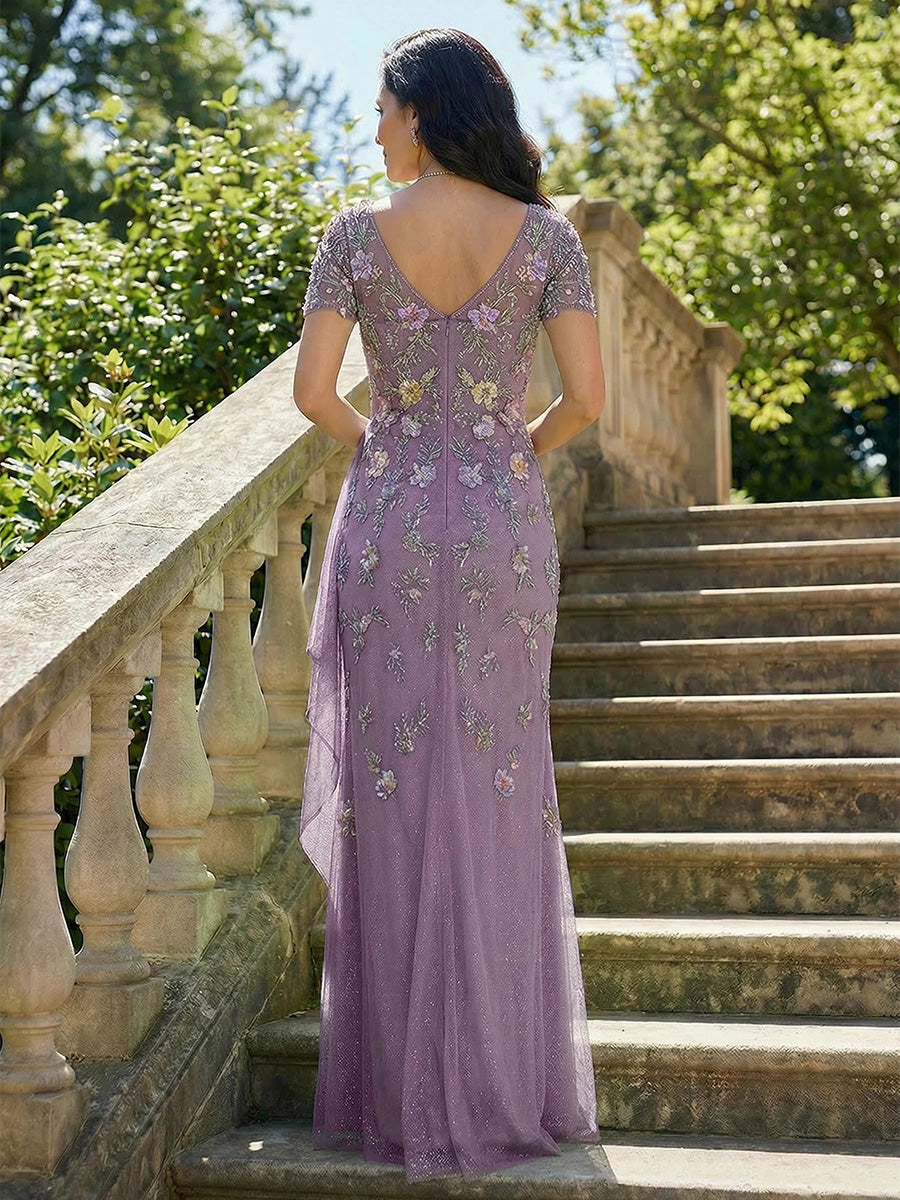 Stunning Blue Mermaid V‑Neck Short‑Sleeve Deep‑V‑Back Floor‑Length Mother‑of‑the‑Bride Dress