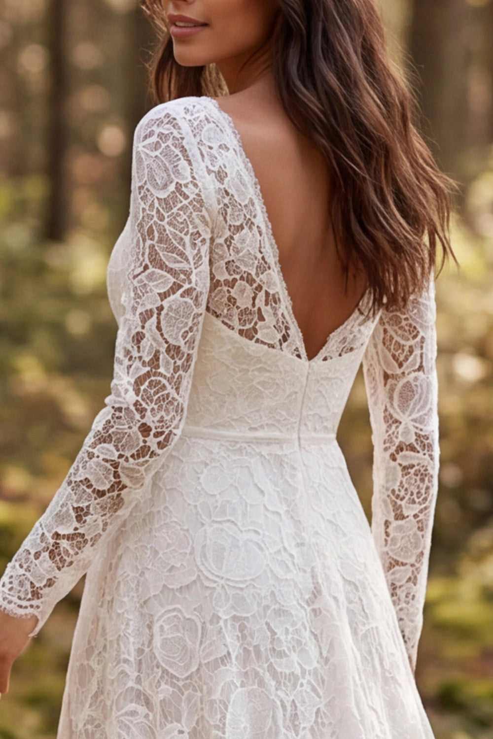 Boho A-line Deep V Long Sleeve V Back Slit Train Wedding Dress