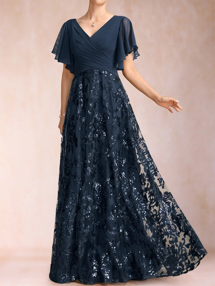 Elegant A Line V Neck Flutter Sleeve V‑Back Floor Length Mother Of The Bride Dress