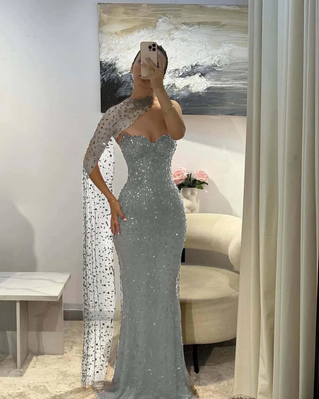 Sparkly Mermaid Sweetheart One‑Sleeve Open‑Back Long Prom Dress