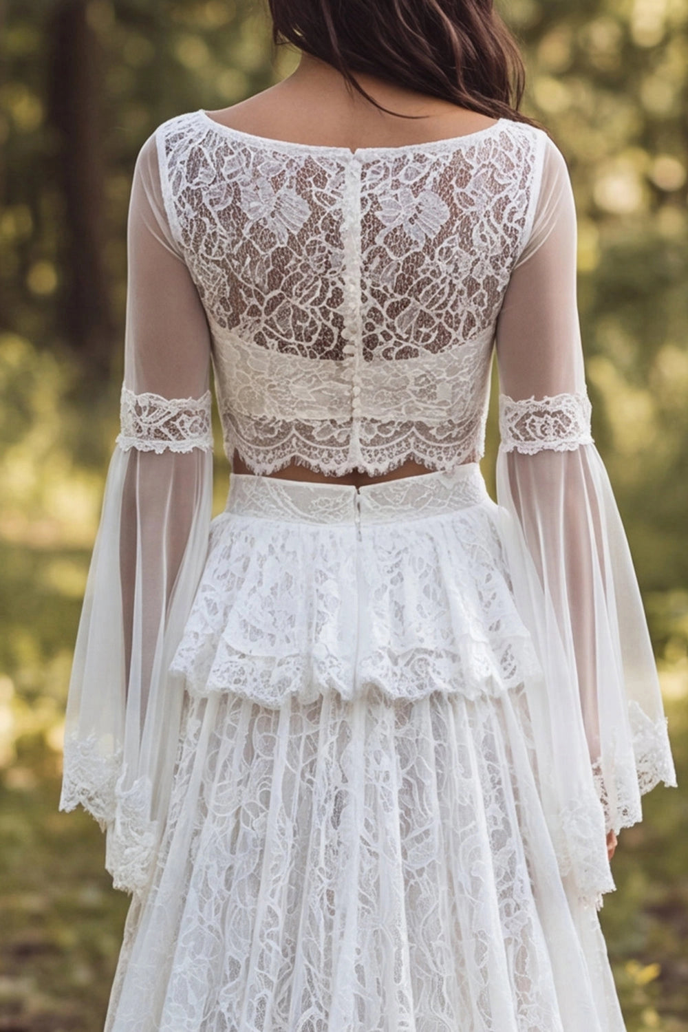 Boho A-line Bateau Bell Sleeve Zip Back Ruffle Slit Train Wedding Dress