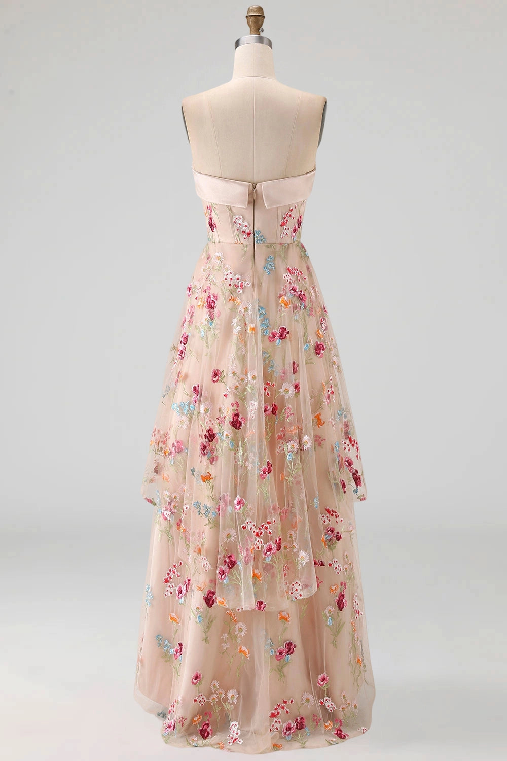 Floral High Low Strapless Zipper Back Maxi Wedding Guest Dress