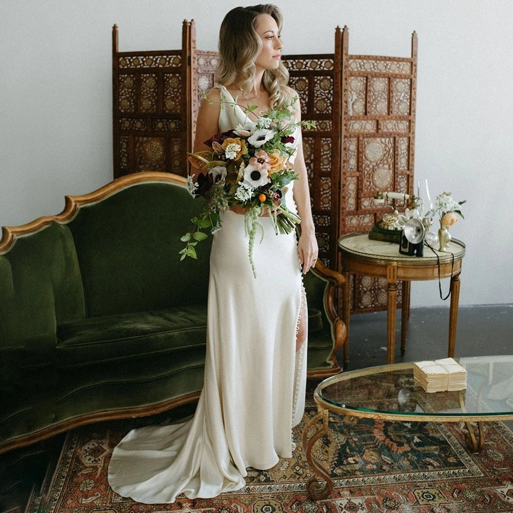 Luxury Mermaid Cowl Sleeveless Lace Up Back Maxi Wedding Bridesmaid Dress