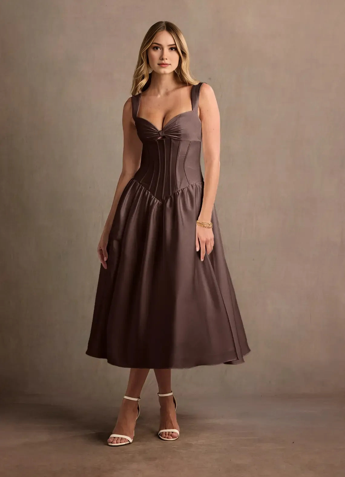 Aline Sweetheart Sleeveless Satin Midi Length Split Laceup Corset Dropped Waist Party Dress