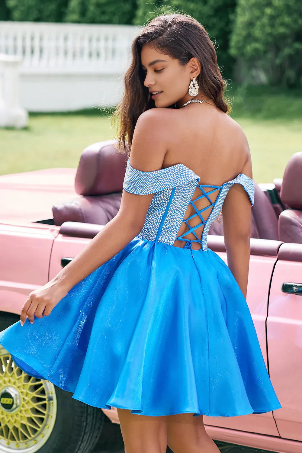 Glamorous A-Line Off-Shoulder Sleeveless Satin Rhinestone Corset Bodice Homecoming Dress