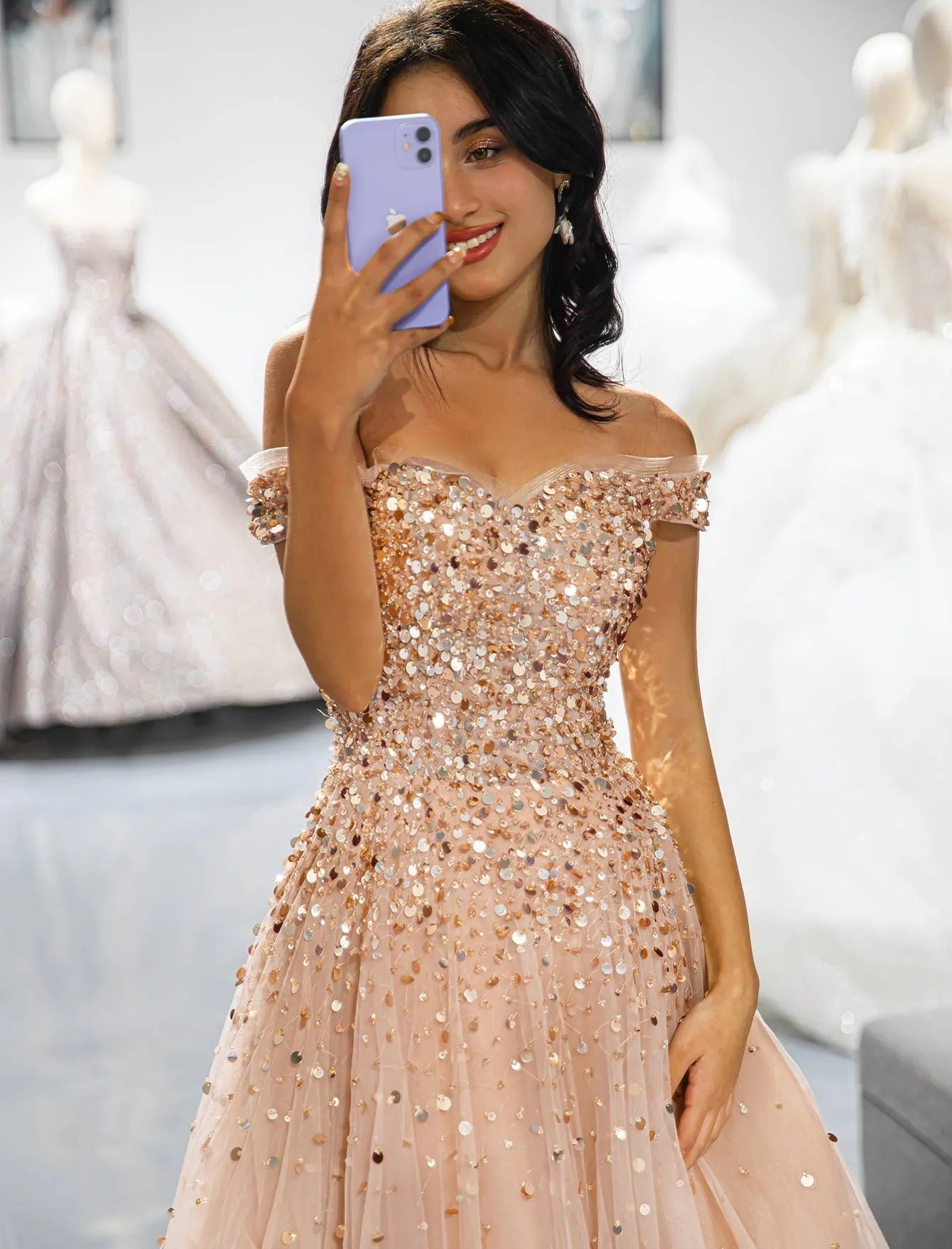 Blush A-line Off Shoulder Sequin Tulle Long Evening Dress