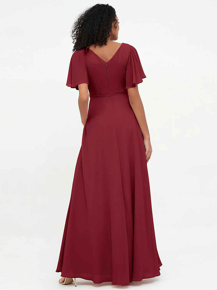 Boat Neck Flutter Sleeve Chiffon Maxi Bridesmaid Dress with Waist Tie