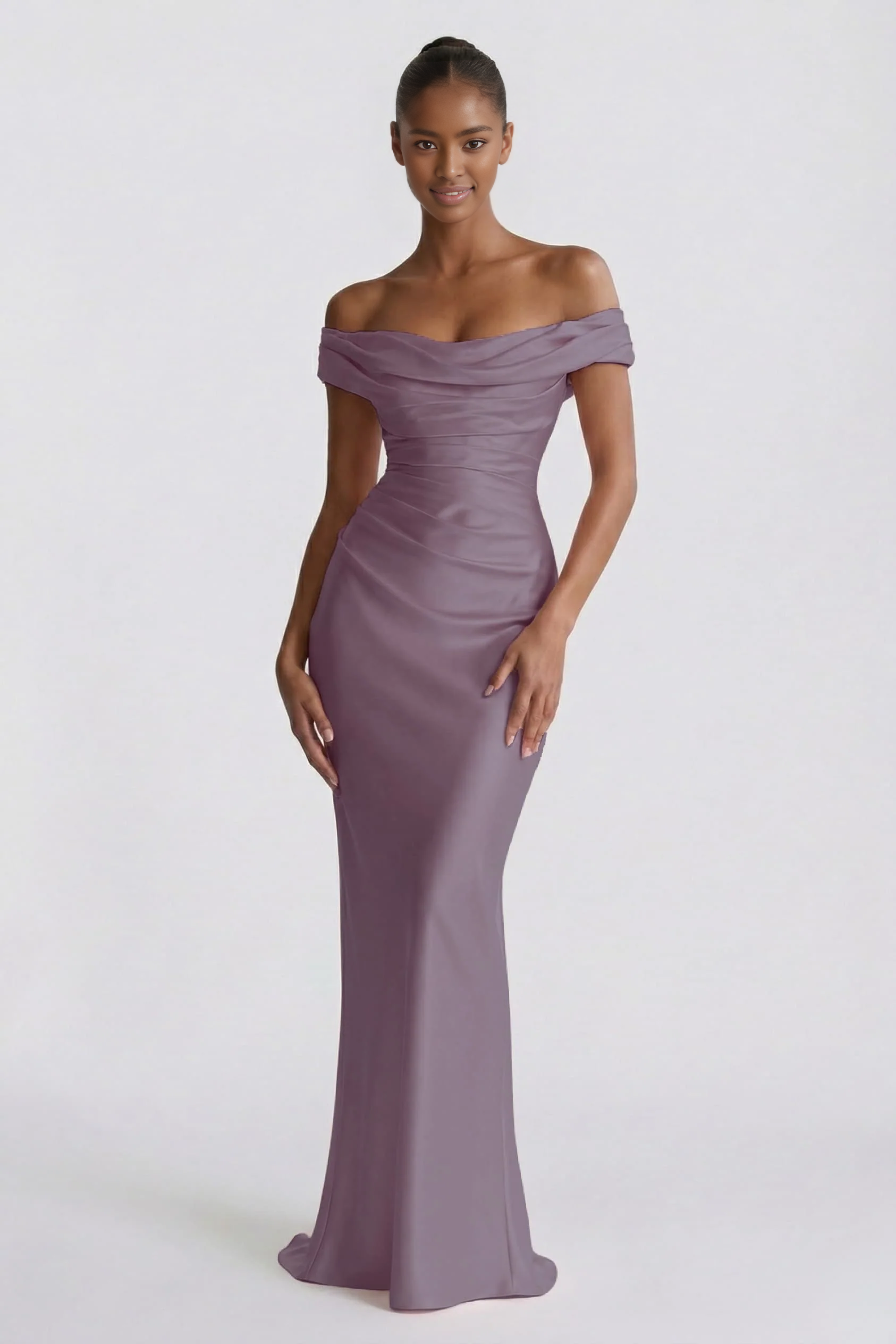 Sheath Off-the-Shoulder Short Sleeve Satin Ruched Lace-Up Evening Dress