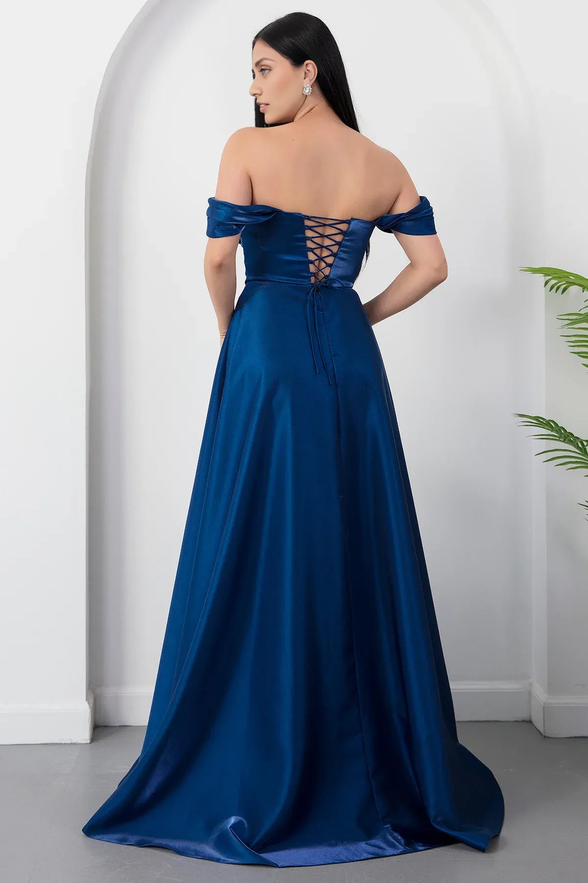 A-Line Off-Shoulder Satin Formal Evening Dress with Rhinestone Embellished Bust